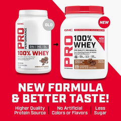 GNC Pro Performance 100% Whey scoop on bag showing powder texture for shakes.