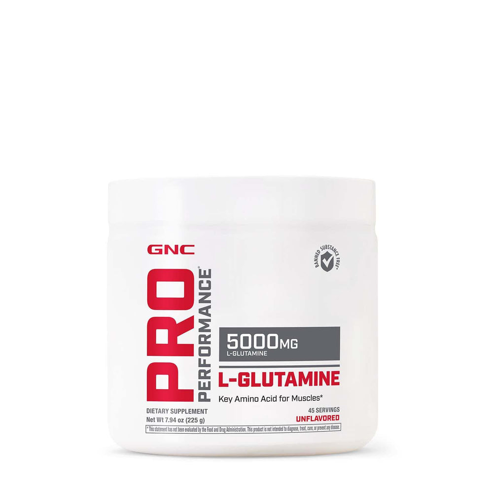 GNC Pro Performance L-Glutamine 5000mg unflavored powder tub supports training recovery