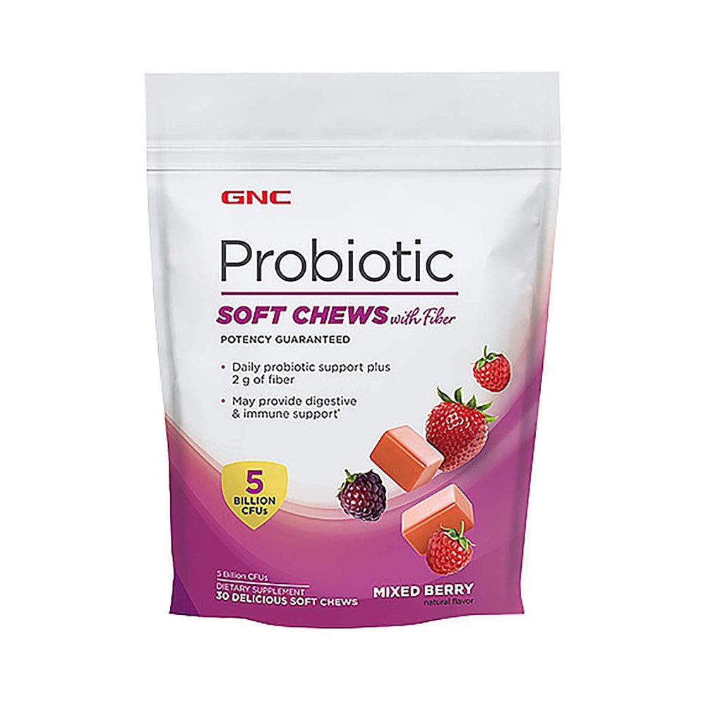 GNC Probiotic Soft Chews with Fiber in mixed berry bottle supports digestive balance