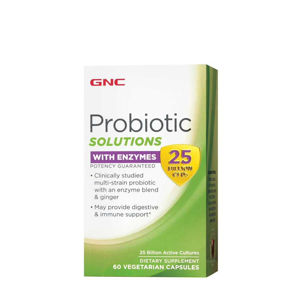 GNC Probiotic Solutions with Enzymes bottle supports daily gut balance