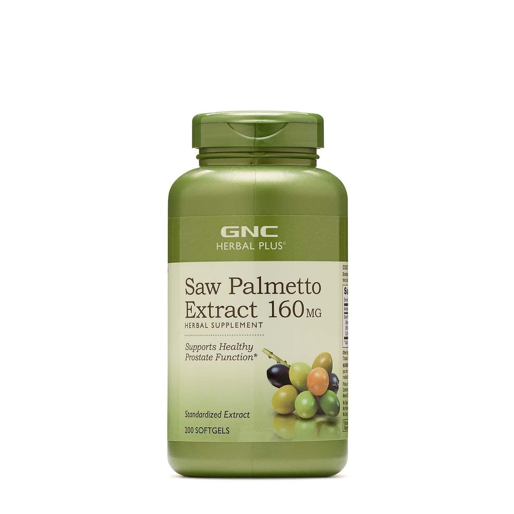 GNC Herbal Saw Palmetto Extract 160mg bottle close-up, illustrating potency for daily wellness