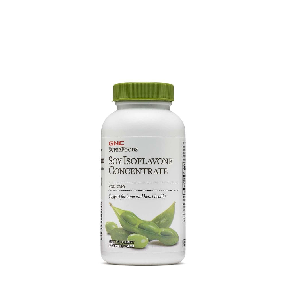 GNC SuperFoods Soy Isoflavone Concentrate bottle supports bone health and easy daily use