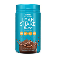 GNC Total Lean Lean Shake Burn chocolate fudge tub front, high‑protein meal replacement option.
