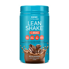 GNC Total Lean Lean Shake Slimvance Stim Mocha Espresso bottle highlighting energy and nutrition.