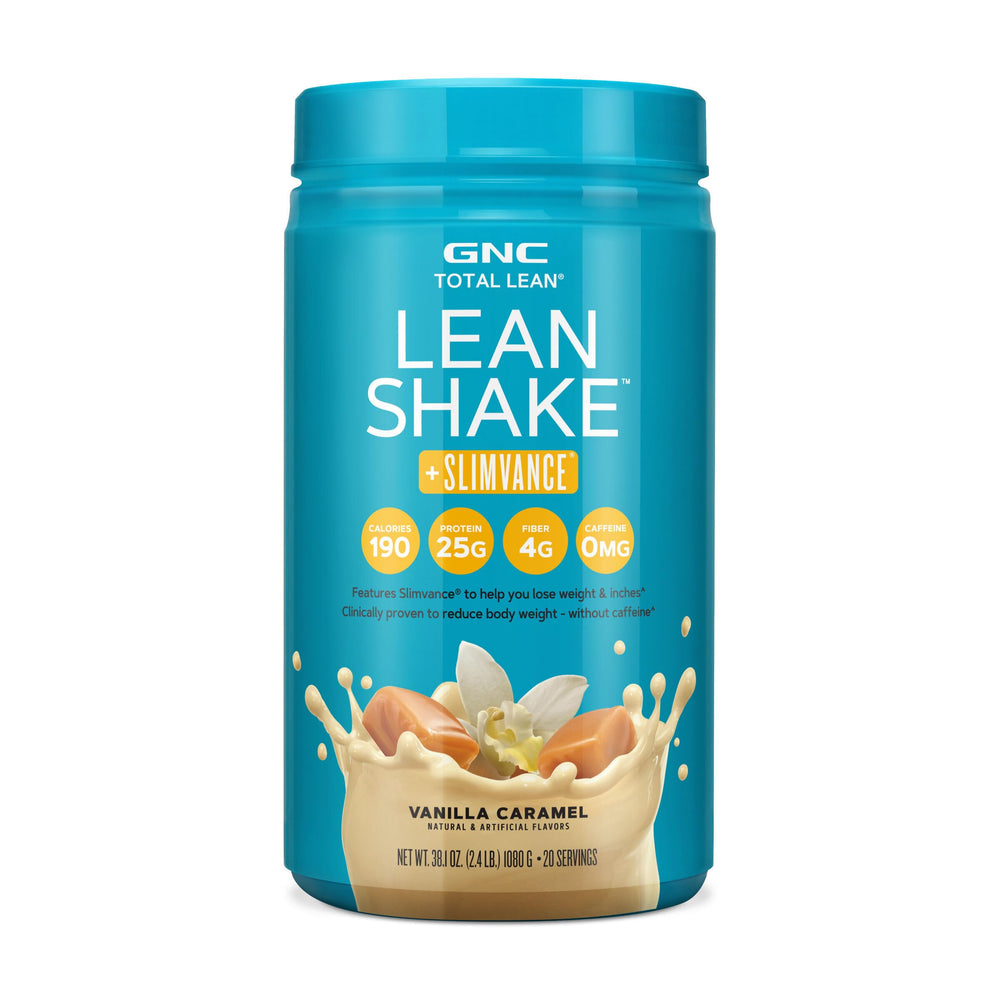GNC Total Lean Shake Vanilla Caramel served in a cup, ideal for quick meal replacement