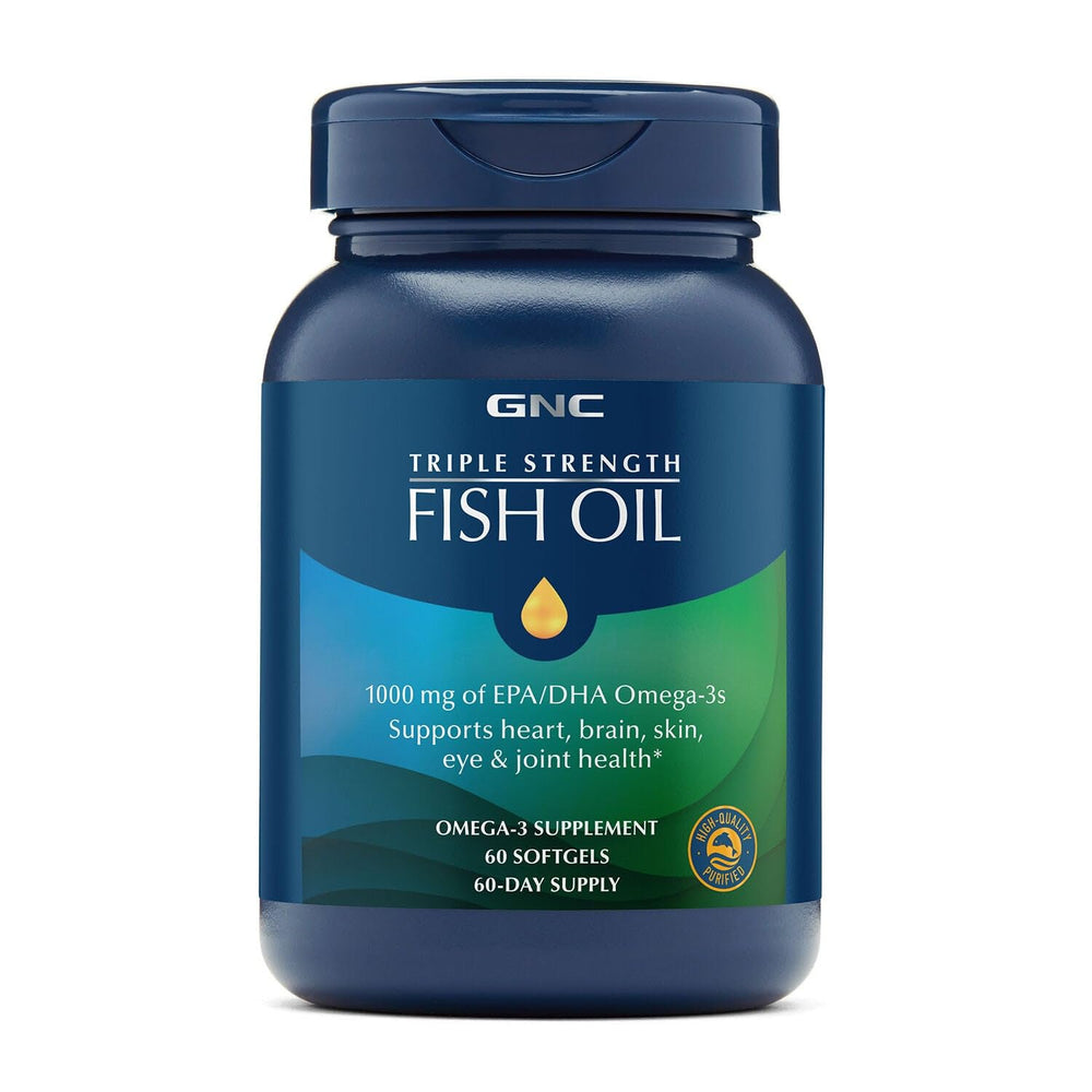 GNC Triple Strength Fish Oil bottle front showing 60 softgels for daily wellness