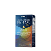 GNC Triple Strength Fish Oil Plus CoQ10 bottle with clear dosage info for heart and brain health.