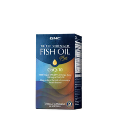 GNC Triple Strength Fish Oil Plus CoQ10 bottle with clear dosage info for heart and brain health.