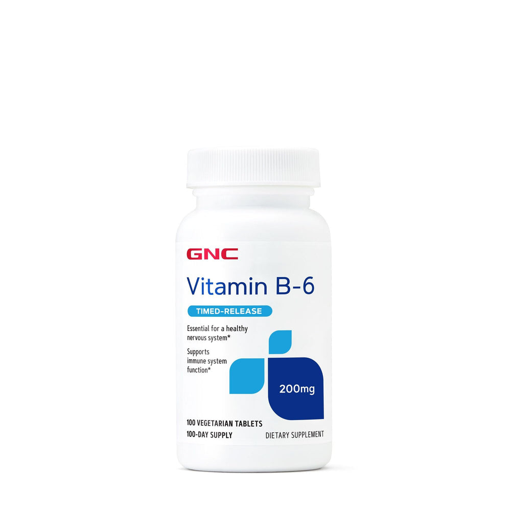 GNC Vitamin B6 200mg bottle front view highlighting immune and nervous system support.
