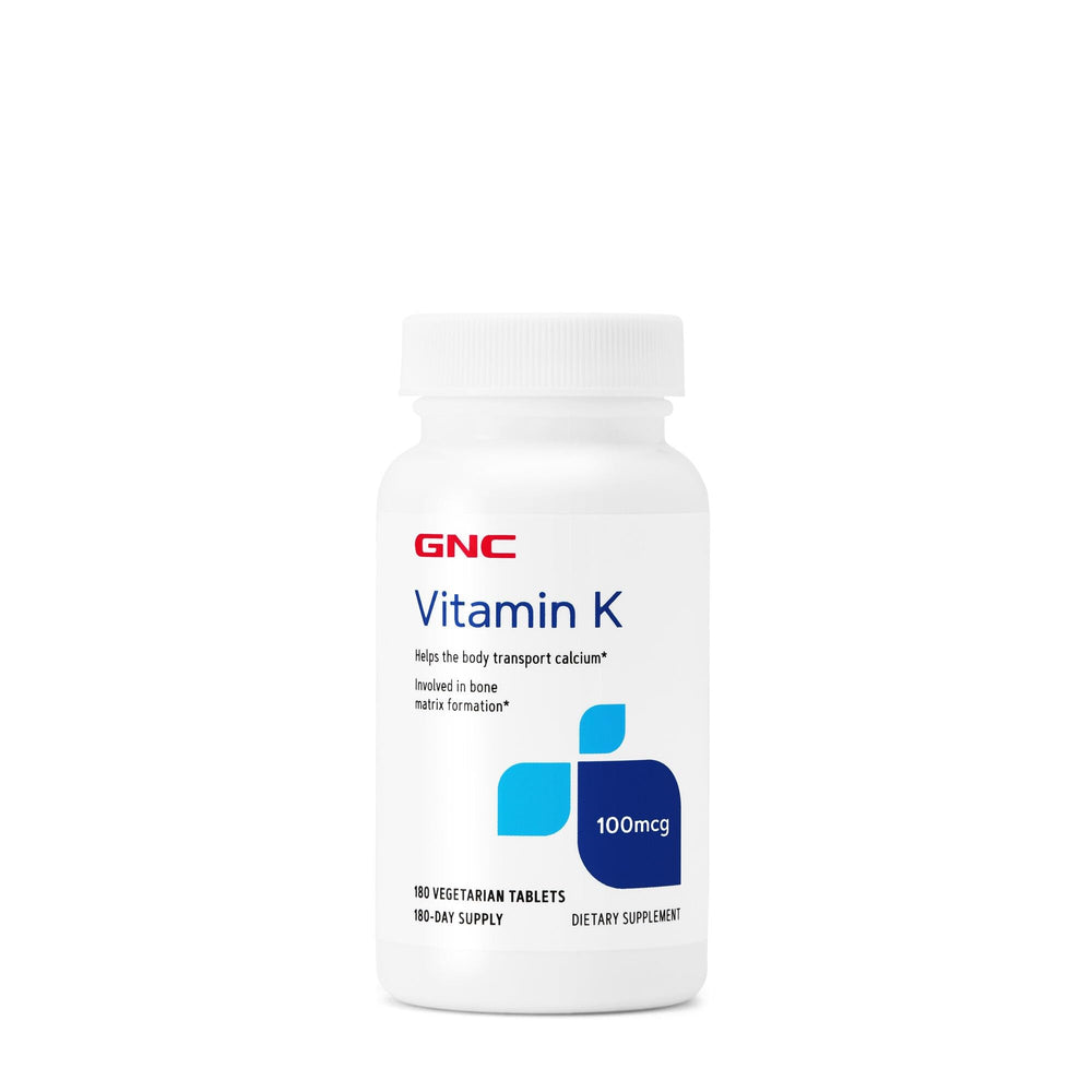 GNC Vitamin K 100mcg bottle front showing calcium transport support