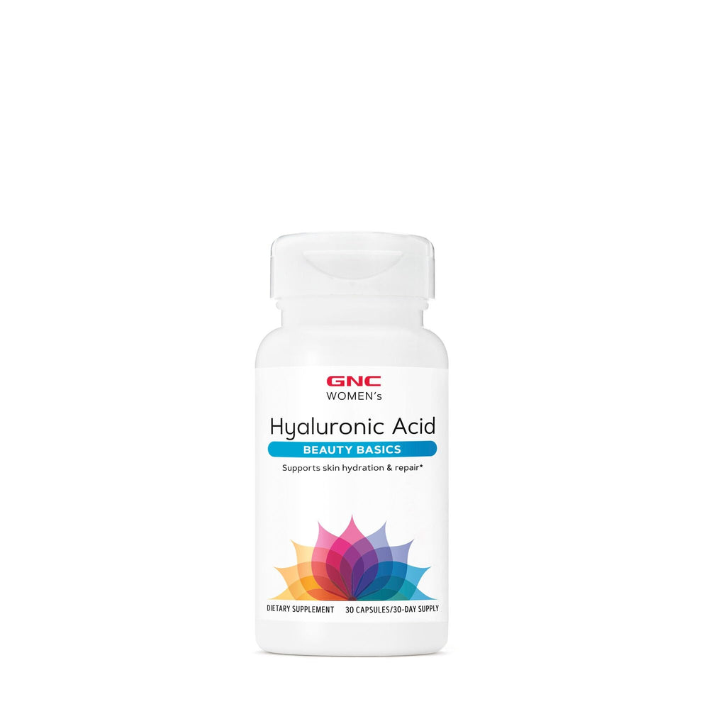 GNC Women's Hyaluronic Acid bottle front showing moisture support for skin.