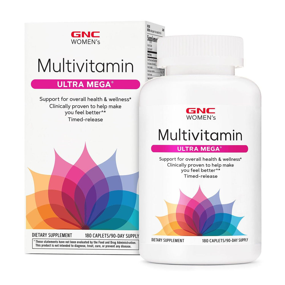 GNC Women's Multivitamin Ultra Mega bottle pours capsules for daily immune support