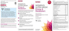 GNC Women's Ultra Mega Energy display on shelf conveys convenient daily nutrition.