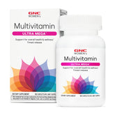 GNC Women's Ultra Mega Multivitamin caplets in bottle for daily use and energy support.