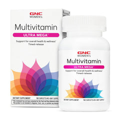 GNC Women's Ultra Mega Multivitamin caplets in bottle for daily use and energy support.