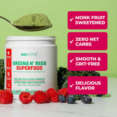 GOBIOTIX Greens Powder mixed drink glass reveals smooth fruity flavor.
