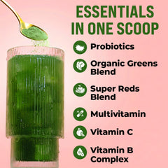 GOBIOTIX Greens Powder scoop highlights precise serving for daily use.