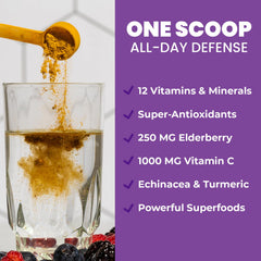 GoBiotix Immunity Fizz scoop beside a glass showing easy mixing.
