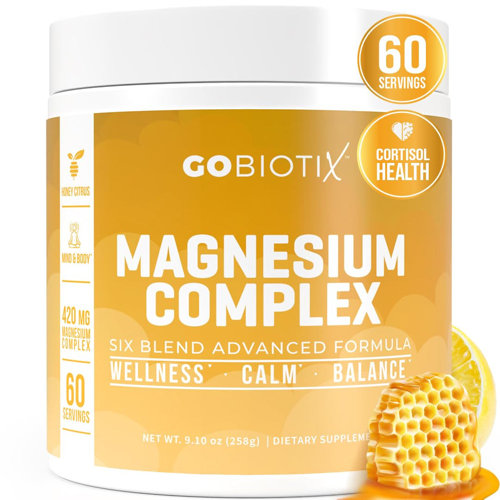 GoBiotix magnesium glycinate powder in a tub for daily calm support.