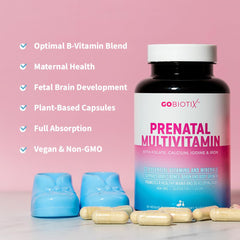 GOBIOTIX prenatal label with ingredients and nutrient highlights.