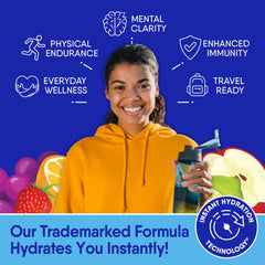 Glass of water with GoHydrate packet dissolving for quick hydration.