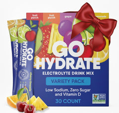 GoHydrate variety pack box front with 30 single-serve packets for on-the-go hydration.