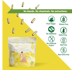 Close-up of Go-Lacta capsules highlighting vegan, pure ingredients for lactation support.