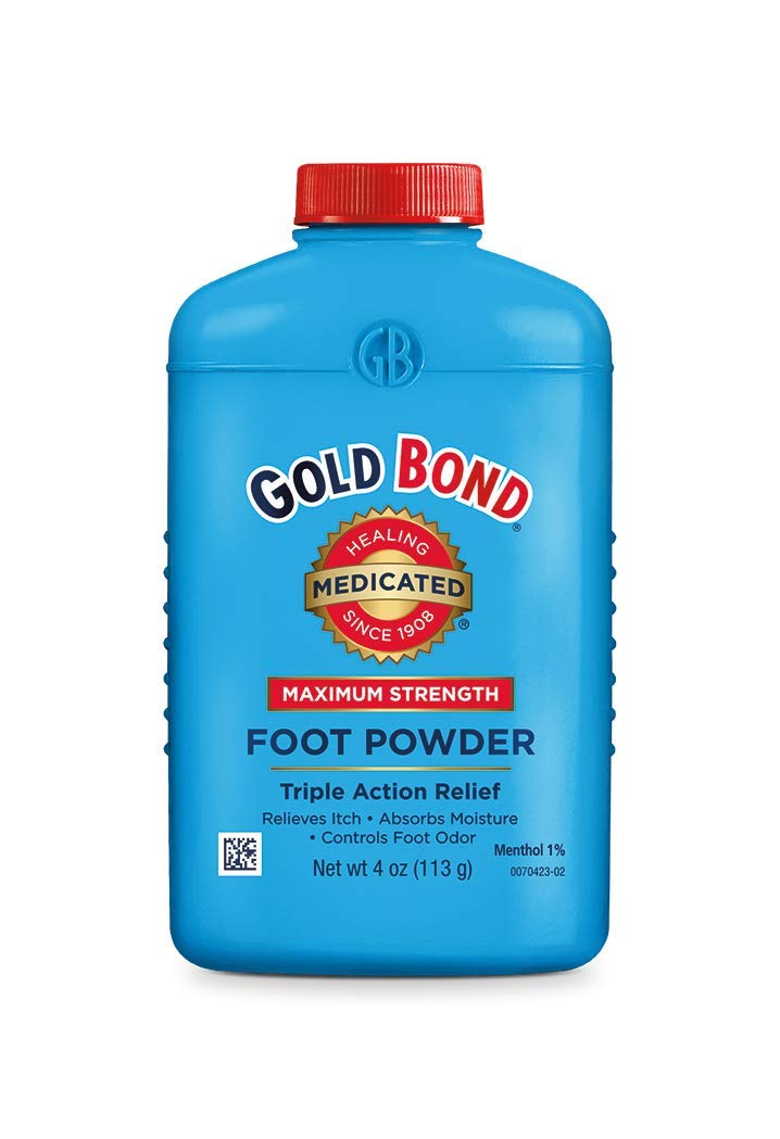 Gold Bond Medicated Foot Powder bottle showing odor-control benefits for feet.