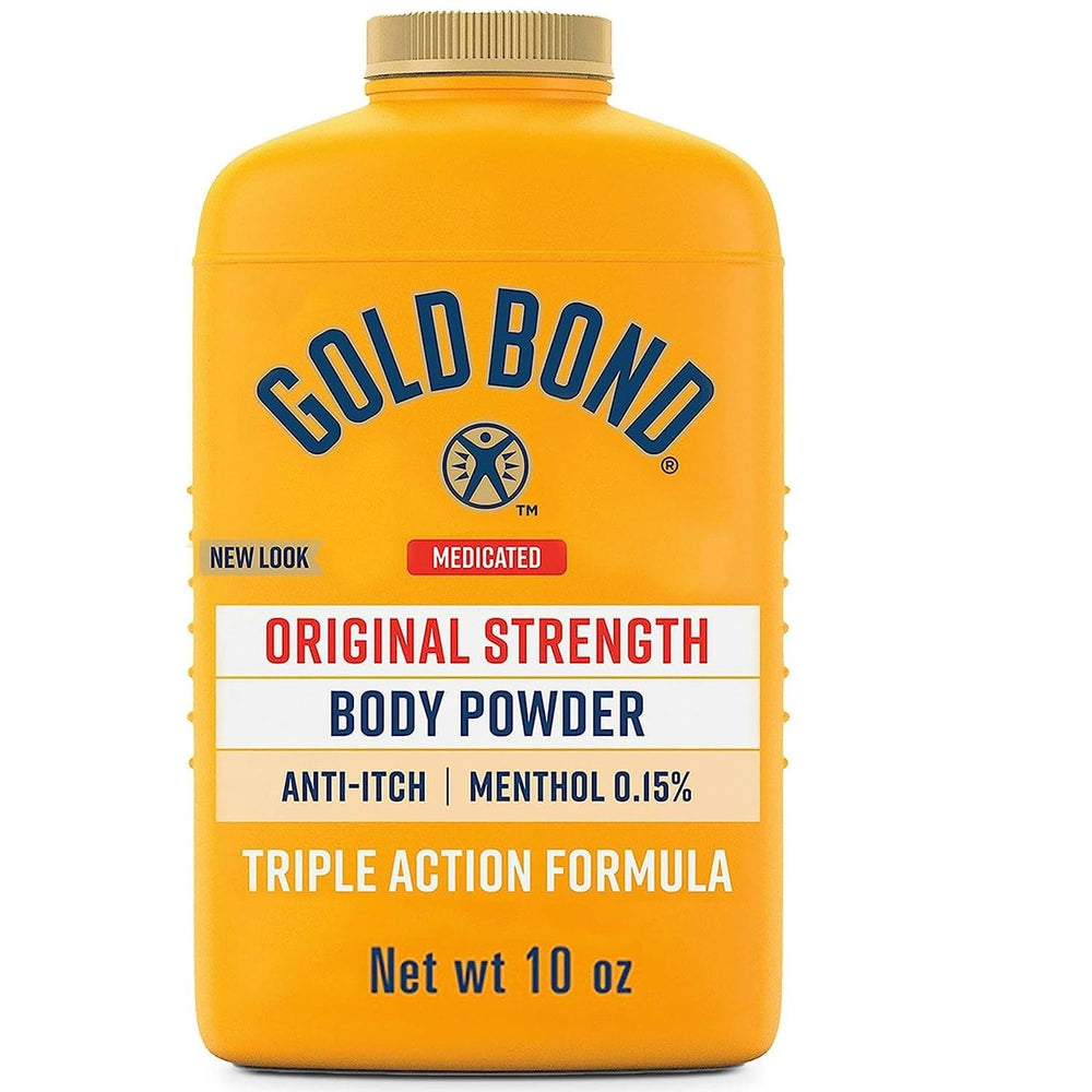 Gold Bond medicated powder canister shows talc-free formula for moisture control.