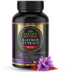 Golden Saffron capsules bottle pour shows smooth dosing for daily mood support
