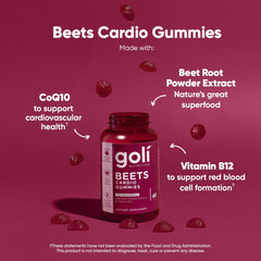 Goli Beets Cardio Gummies bottle label highlights Vitamin B12 for vitality.