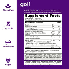 Goli Dreamy Sleep Gummy label shows melatonin, magnesium, lemon balm blend.