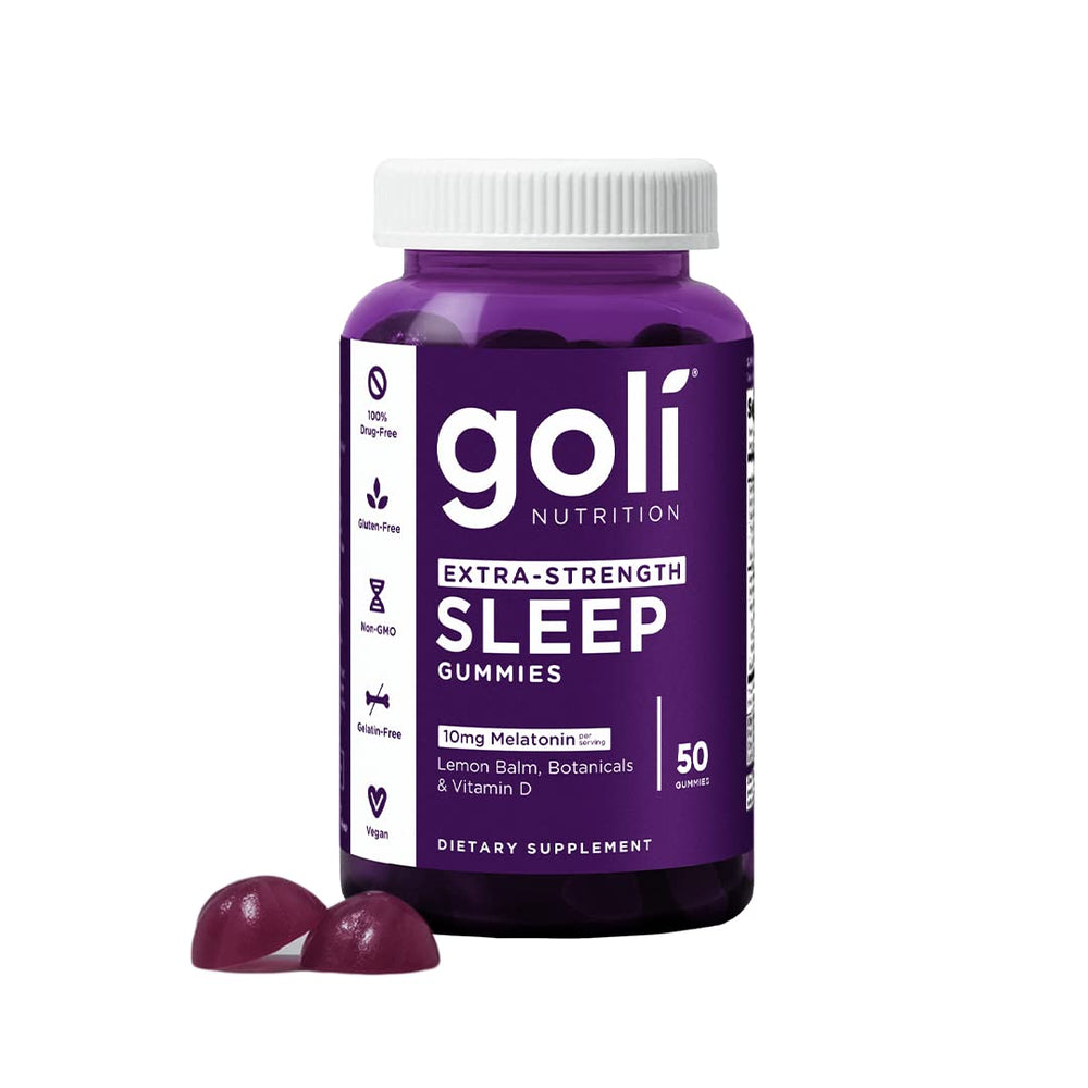 Goli Extra-Strength Sleep Gummies bottle with label and gummies for nightly rest.