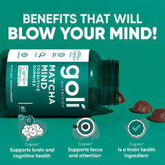 Goli Matcha Mind Gummies jar closeup showing daily chewable focus support