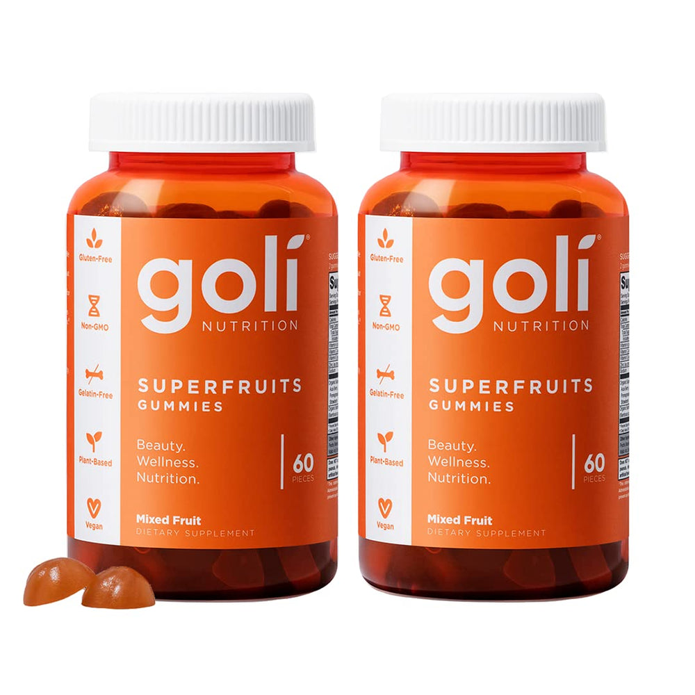 Goli Superfruits bottle front, showing vegan gummies for skin health