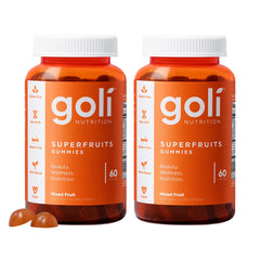 Goli Superfruits bottle front, showing vegan gummies for skin health