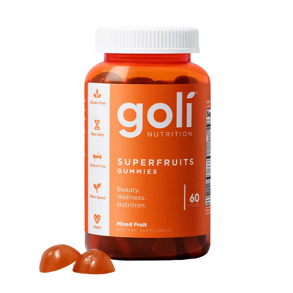 Goli Superfruits Gummies bottle-front view signaling vegan wellness on the go
