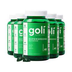 Goli Supergreens Gummies bottle with artichoke leaf extract for daily greens support.
