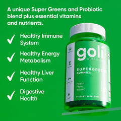 Goli Supergreens Gummies with spirulina for a vibrant greens boost.