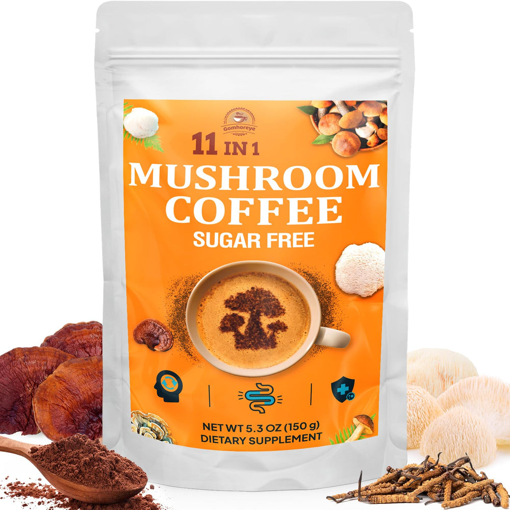 Gomhoreye Mushroom Coffee packaging shows 11-mushroom blend for balanced energy.