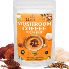 Gomhoreye Mushroom Coffee packaging shows 11-mushroom blend for balanced energy.