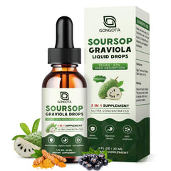 Gongota Soursop Drops bottle closeup highlighting organic formula for daily immune support.