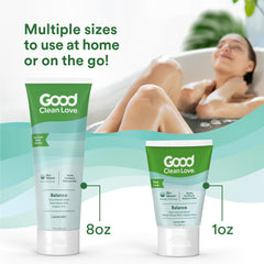 Good Clean Love Balance bottle ingredients closeup with Aloe Vera and calendula.