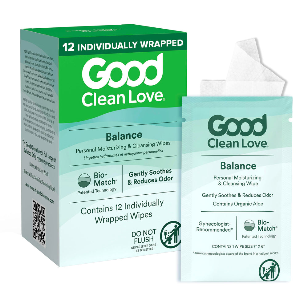 Good Clean Love Balance wipes in packaging, convenient daily feminine hygiene.