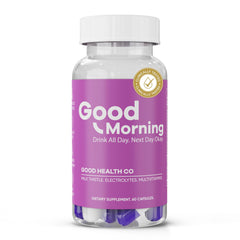 Good Health Co Good Morning Hangover Pills bottle for easy pre- and post-drinking support.