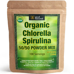 Good Natured organic spirulina chlorella label highlights vegan and organic origin