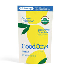 GOODONYA Organic Hydration tub label highlighting organic, non-GMO ingredients for daily refreshment.