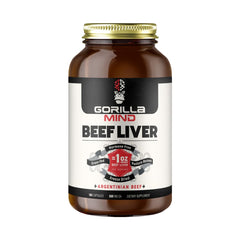 Gorilla Mind beef liver bottle shows convenient, hormone-free supplement for daily nutrient support.