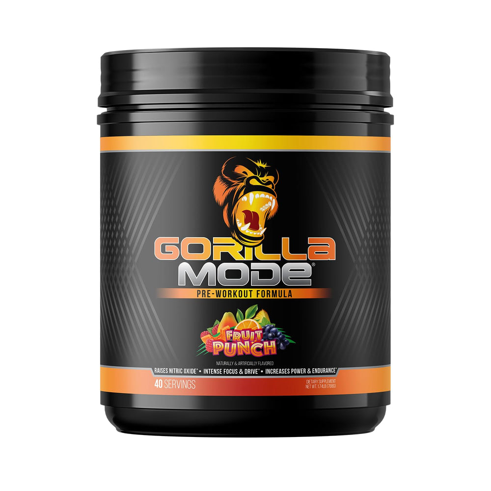 Gorilla Mind Gorilla Mode pre-workout bottle front label for intense workouts and pumps.