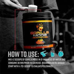 Gorilla Mind Gorilla Mode serving scoop demonstrates generous dosage for consistent pre-workout rituals.